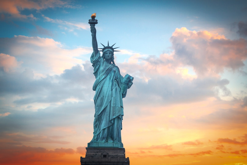 Statue of Liberty on the background of colorful dawn sky Statue of Liberty